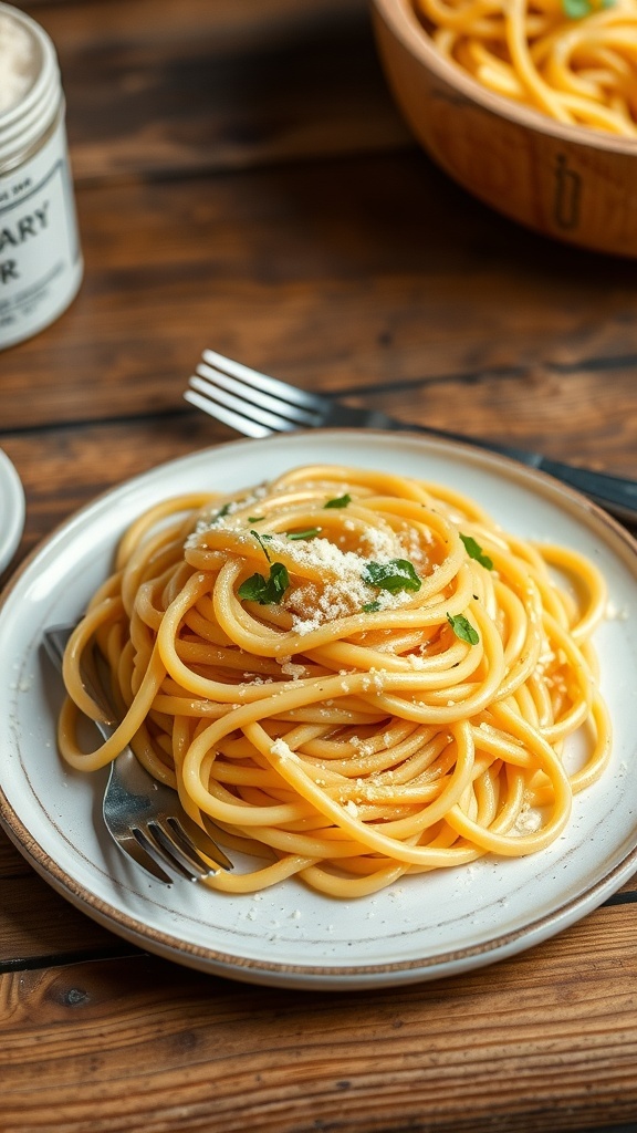 A plate of golden homemade noodles topped with herbs and cheese on a rustic table.
